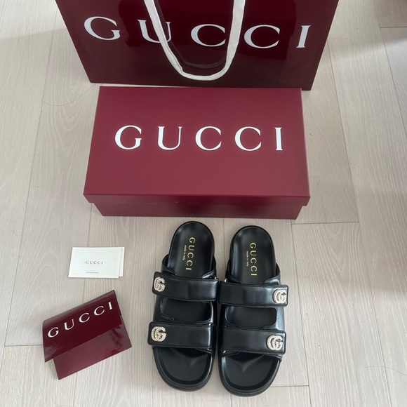Gucci Black Leather Double-Strap Slide Sandals with Crystal GG Accents - Picture 6 of 7